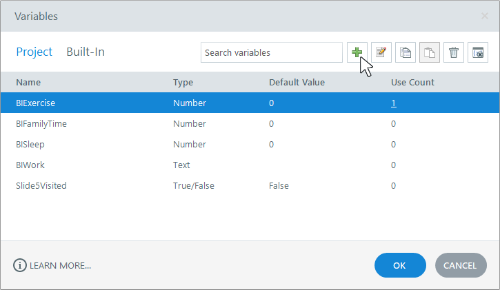 Variables window showing a list of project variables.